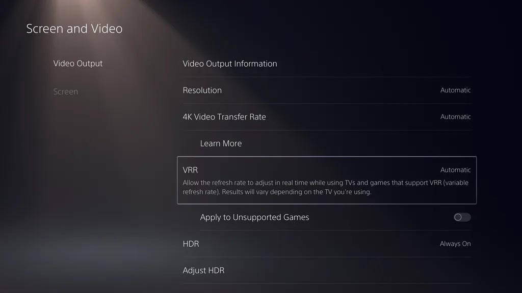 The VRR-Options in the screen and video-menu of the ps5